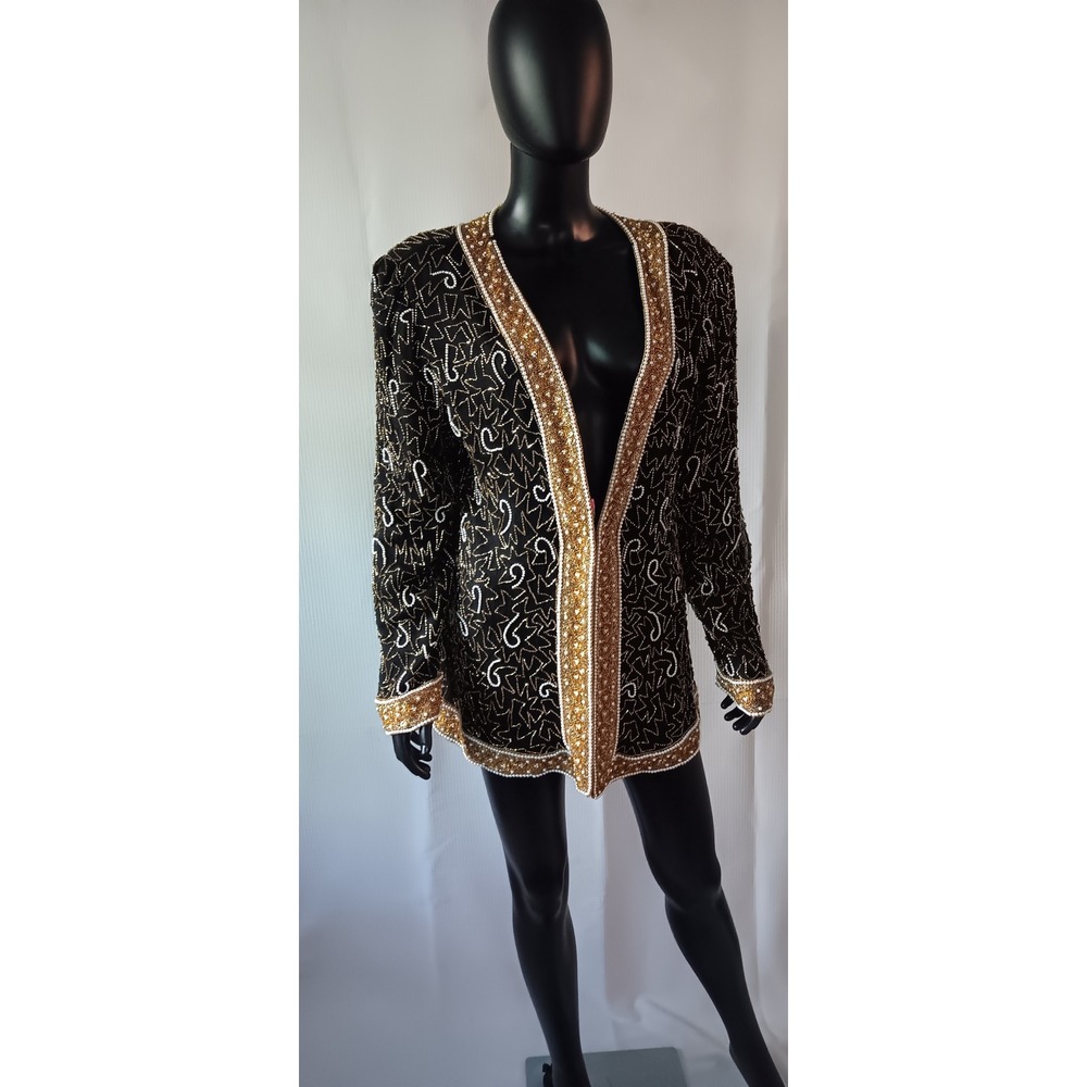 Vintage Laurence Kazar Hand Beaded Silk Jacket 2X Black Gold Evening Coat KS0301